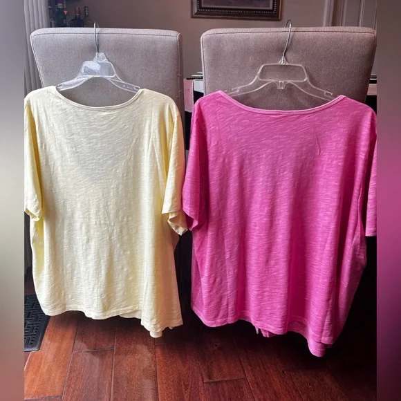 Old Navy cotton button V neck textured shirt, yellow and pink 2X - Picture 3 of 6